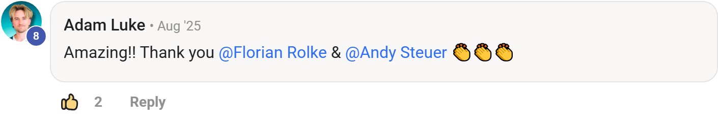 Skool comment by Adam Luke: "Amazing!! Thank you @Florian Rolke & @Andy Steuer 👏👏👏" (thanking Florian Rolke)