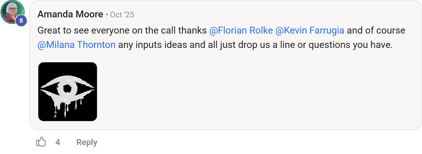Skool comment by Amanda Moore: "Great to see everyone on the call thanks @Florian Rolke @Kevin Farrugia and of course @Milana Thornto…" (thanking Florian Rolke)