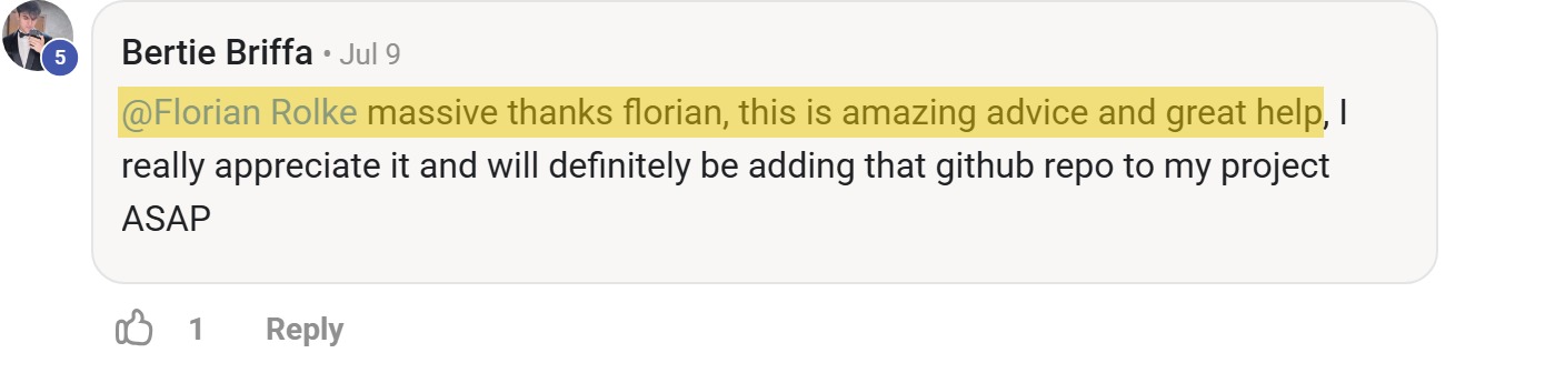 Skool comment by Bertie Briffa: "@Florian Rolke massive thanks florian, this is amazing advice and great help, I really appreciate it…" (thanking Florian Rolke)