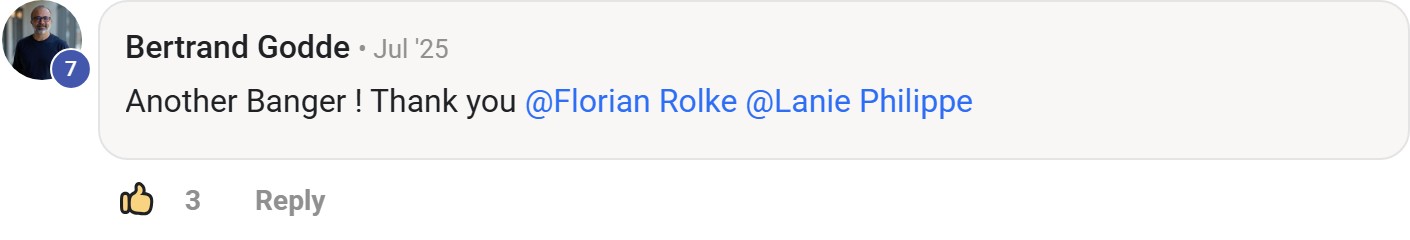 Skool comment by Bertrand Godde: "Another Banger ! Thank you @Florian Rolke @Lanie Philippe" (thanking Florian Rolke)