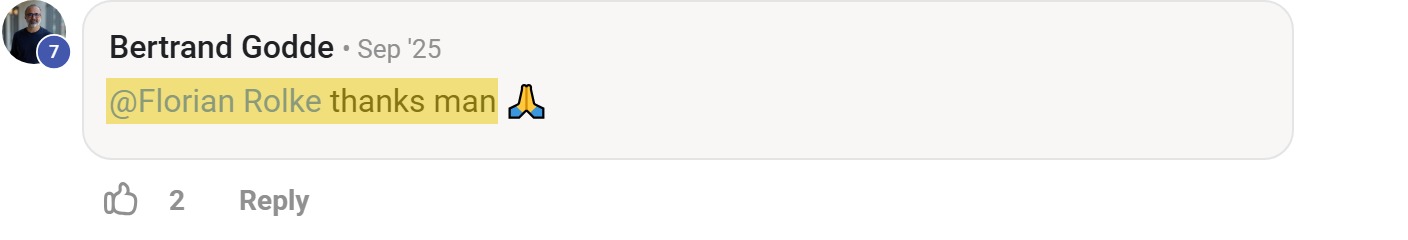 Skool comment by Bertrand Godde: "@Florian Rolke thanks man 🙏" (thanking Florian Rolke)