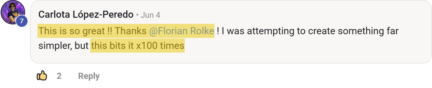 Skool comment by Carlota López-Peredo: "This is so great !! Thanks @Florian Rolke ! I was attempting to create something far simpler…" (thanking Florian Rolke)