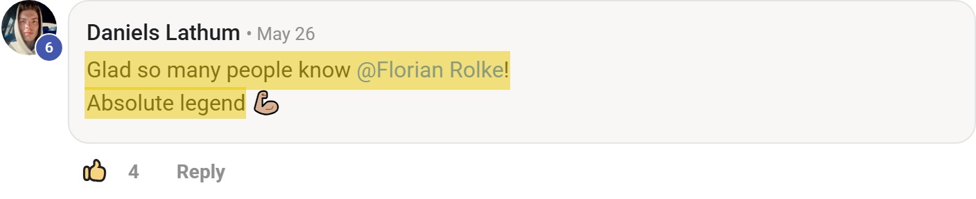 Skool comment by Daniels Lathum: "Glad so many people know @Florian Rolke! Absolute legend 💪🏼" (thanking Florian Rolke)