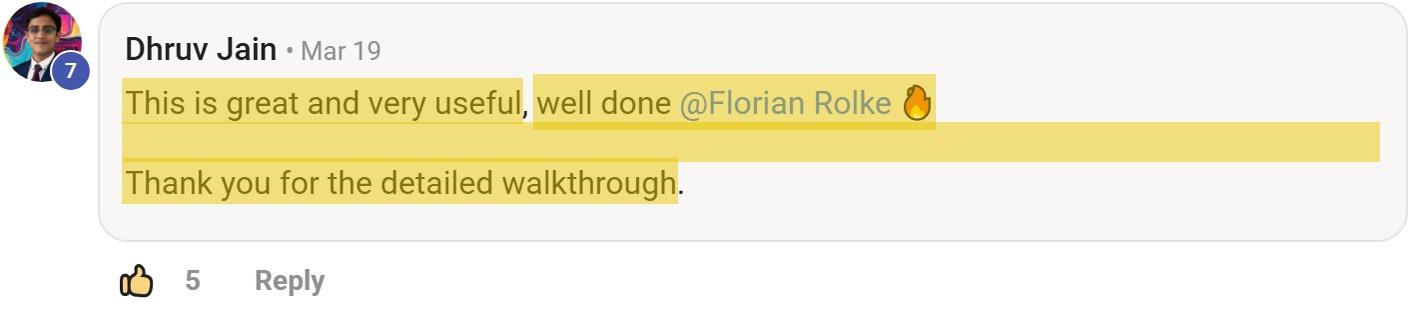 Skool comment by Dhruv Jain: "This is great and very useful, well done @Florian Rolke 🔥 Thank you for the detailed walkthrough." (thanking Florian Rolke)