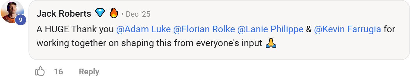 Skool comment by Jack Roberts: "A HUGE Thank you @Adam Luke @Florian Rolke @Lanie Philippe & @Kevin Farrugia for working together on…" (thanking Florian Rolke)