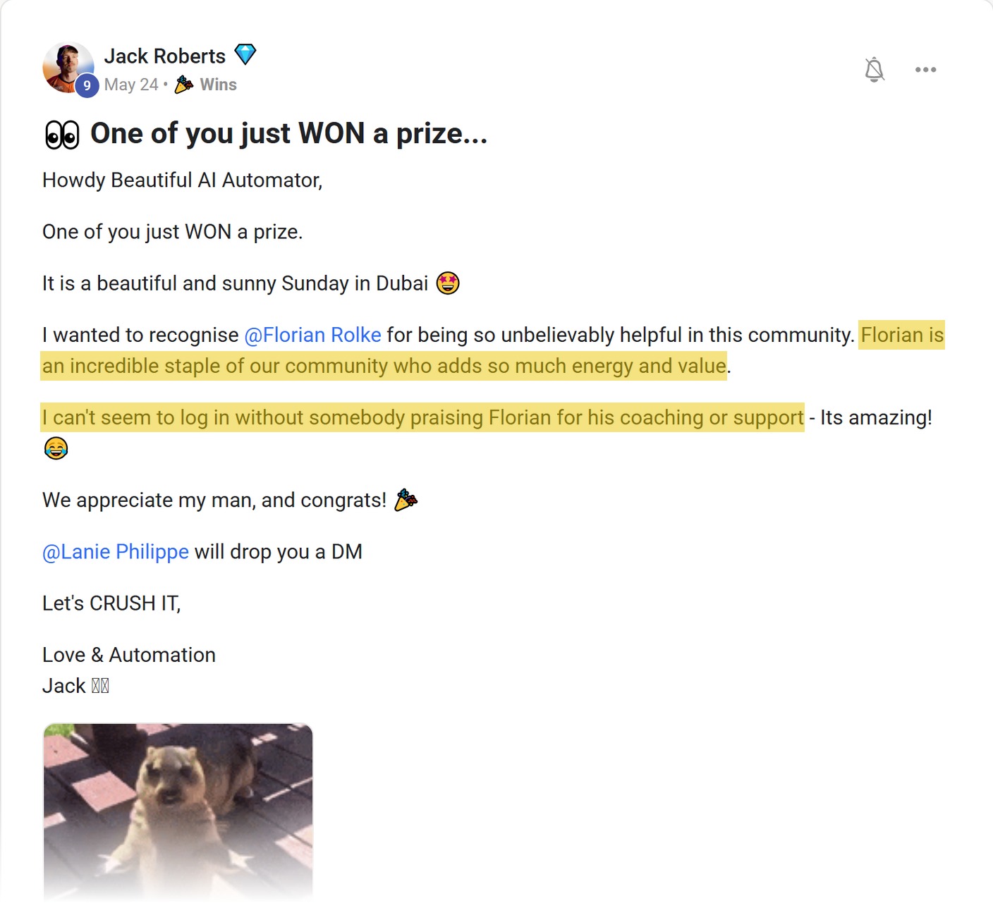 Skool post by Jack Roberts: "👀 One of you just WON a prize..." - 👀 One of you just WON a prize... Howdy Beautiful AI Automator,…