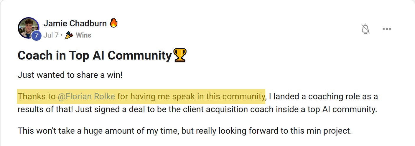 Skool post by Jamie Chadburn: "Coach in Top AI Community🏆" - Coach in Top AI Community🏆 Just wanted to share a win! Thanks…