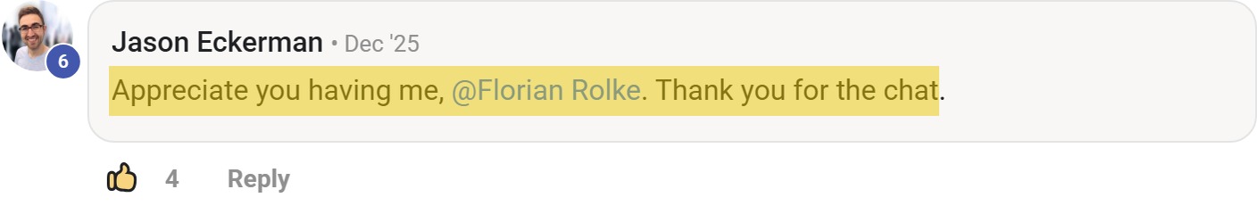 Skool comment by Jason Eckerman: "Appreciate you having me, @Florian Rolke. Thank you for the chat." (thanking Florian Rolke)