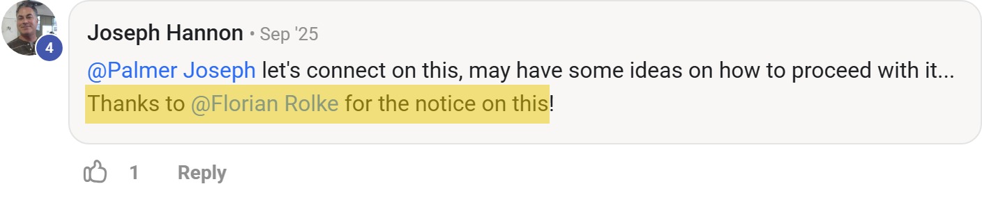 Skool comment by Joseph Hannon: "@Palmer Joseph let's connect on this, may have some ideas on how to proceed with it... Thanks to @Fl…" (thanking Florian Rolke)