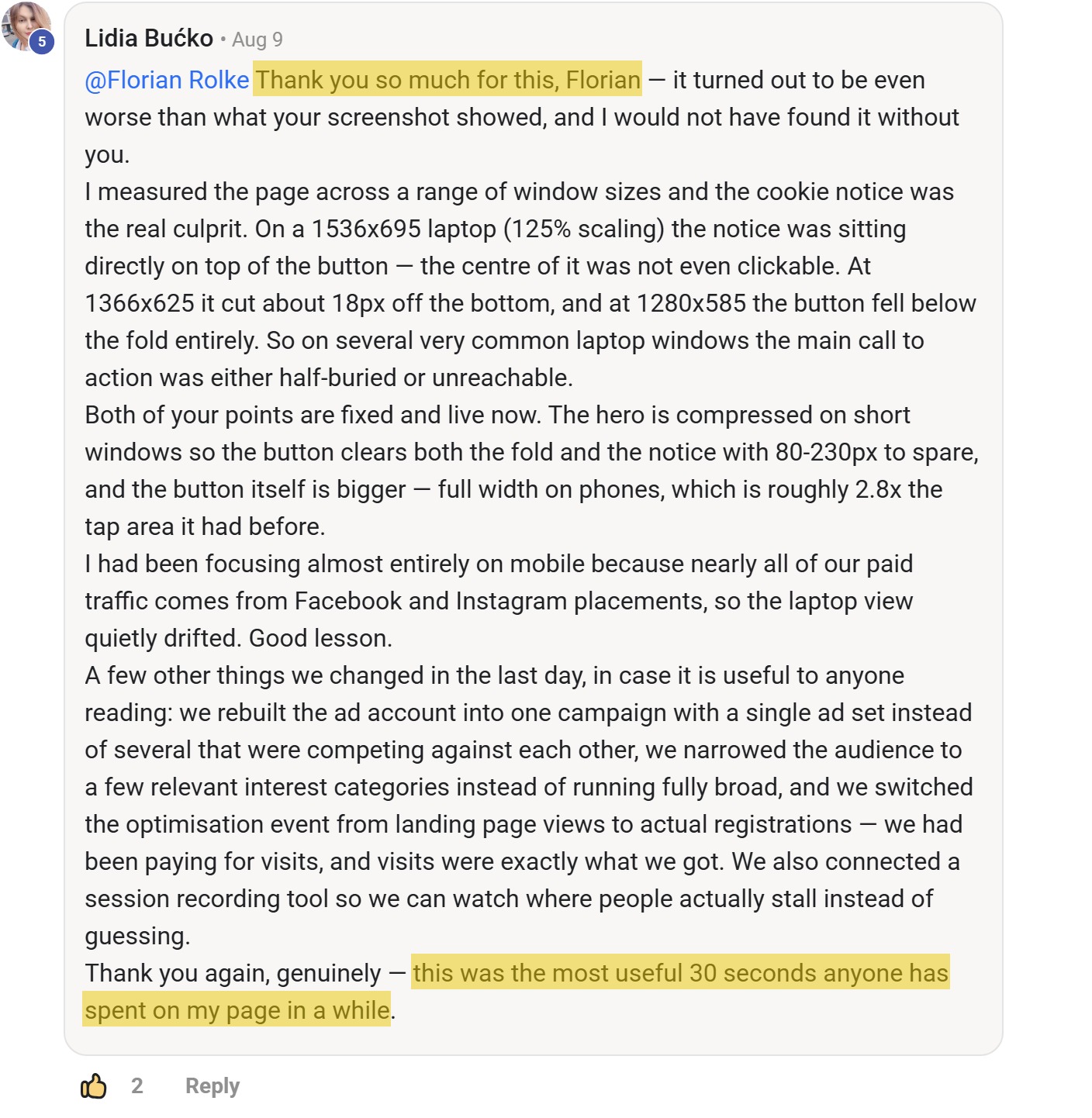Skool comment by Lidia Bućko: "@Florian Rolke Thank you so much for this, Florian — it turned out to be even worse than what your…" (thanking Florian Rolke)