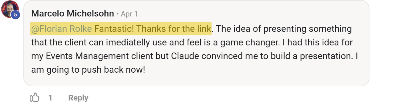 Skool comment by Marcelo Michelsohn: "@Florian Rolke Fantastic! Thanks for the link. The idea of presenting something that the client…" (thanking Florian Rolke)