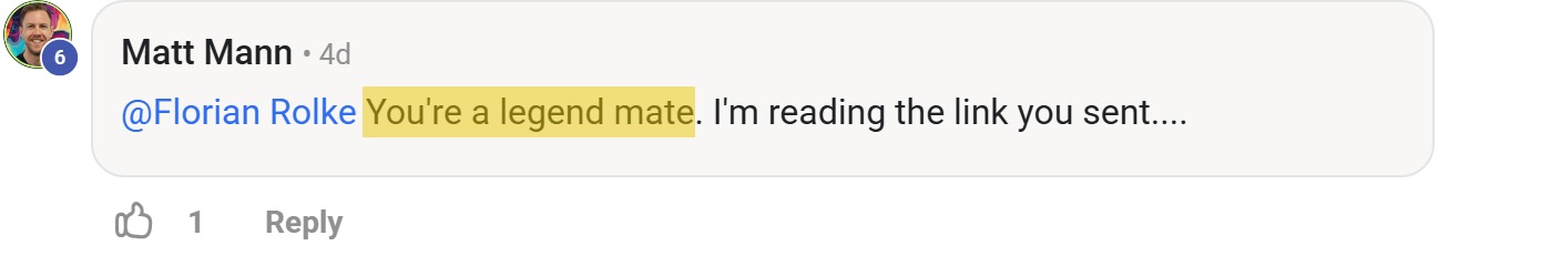 Skool comment by Matt Mann: "@Florian Rolke You're a legend mate. I'm reading the link you sent...." (thanking Florian Rolke)