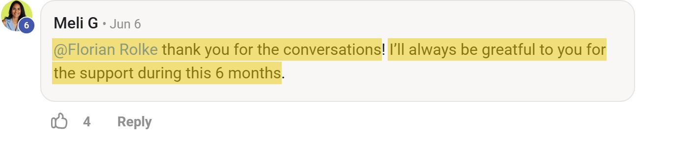 Skool comment by Meli G: "@Florian Rolke thank you for the conversations! I’ll always be greatful to you for the support during this…" (thanking Florian Rolke)
