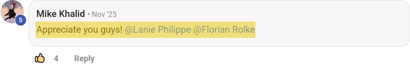 Skool comment by Mike Khalid: "Appreciate you guys! @Lanie Philippe @Florian Rolke" (thanking Florian Rolke)