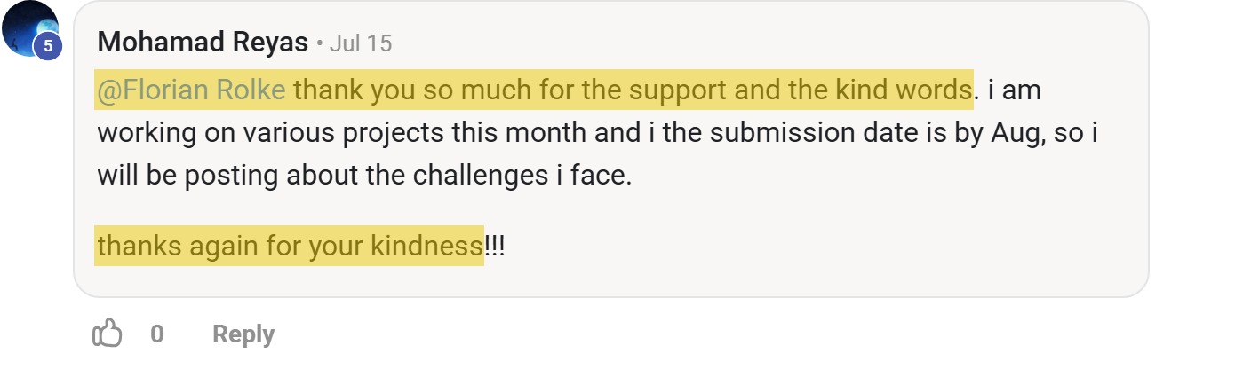 Skool comment by Mohamad Reyas: "@Florian Rolke thank you so much for the support and the kind words. i am working on various project…" (thanking Florian Rolke)