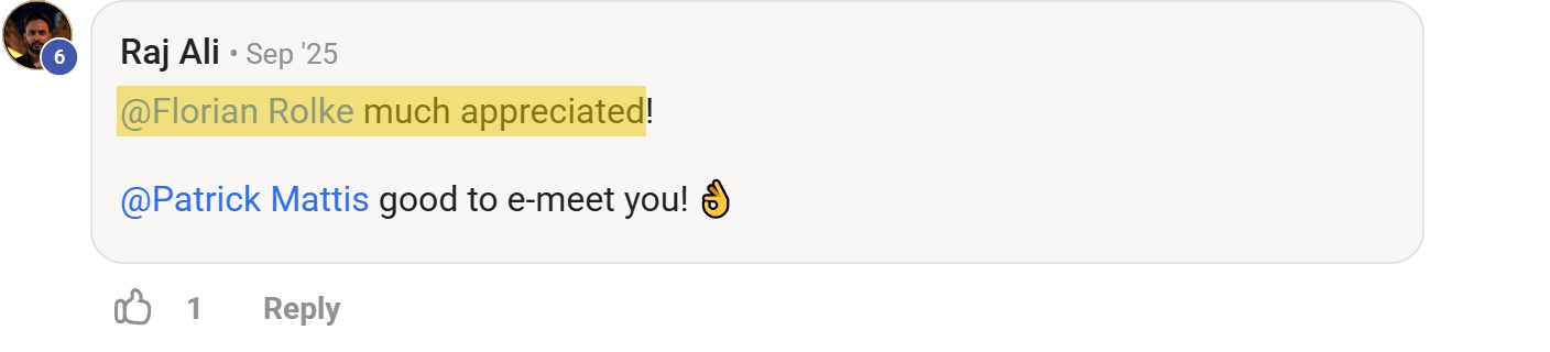 Skool comment by Raj Ali: "@Florian Rolke much appreciated! @Patrick Mattis good to e-meet you! 👌" (thanking Florian Rolke)