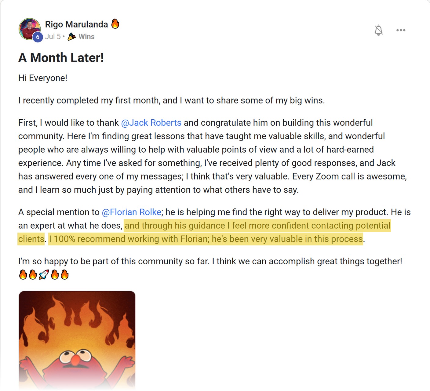 Skool post by Rigo Marulanda: "A Month Later!" - A Month Later! Hi Everyone! I recently completed my first month, and…