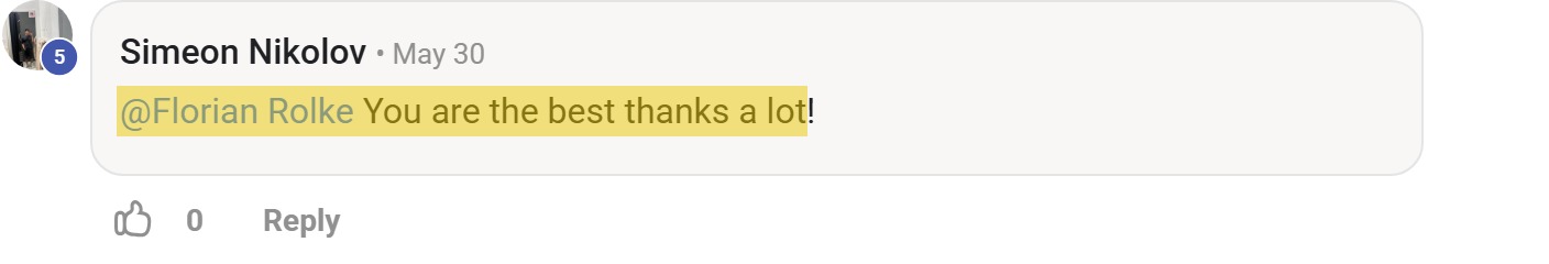 Skool comment by Simeon Nikolov: "@Florian Rolke You are the best thanks a lot!" (thanking Florian Rolke)