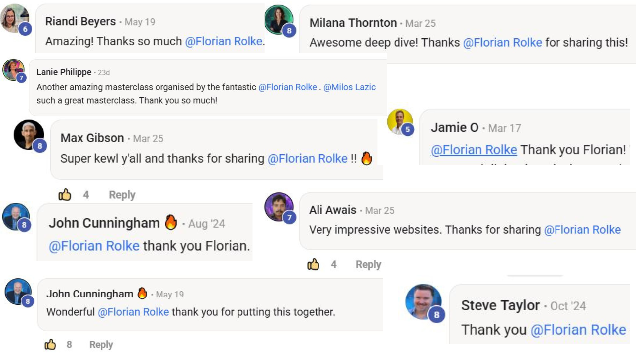 Skool community feedback for Florian Rolke: Riandi Beyers, Milana Thornton, Lanie Philippe and others