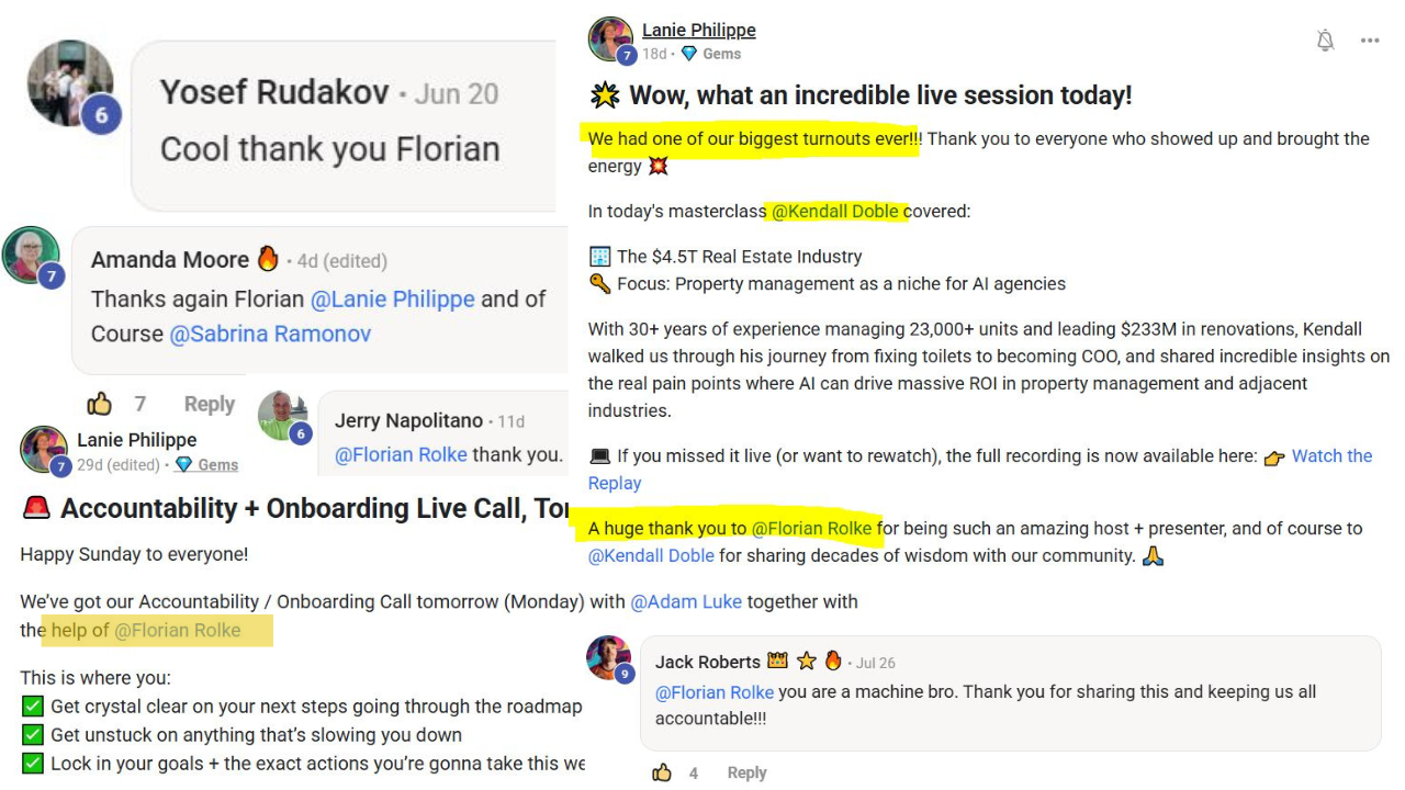 Skool community feedback for Florian Rolke: Yosef Rudakov, Amanda Moore, Jerry Napolitano and others