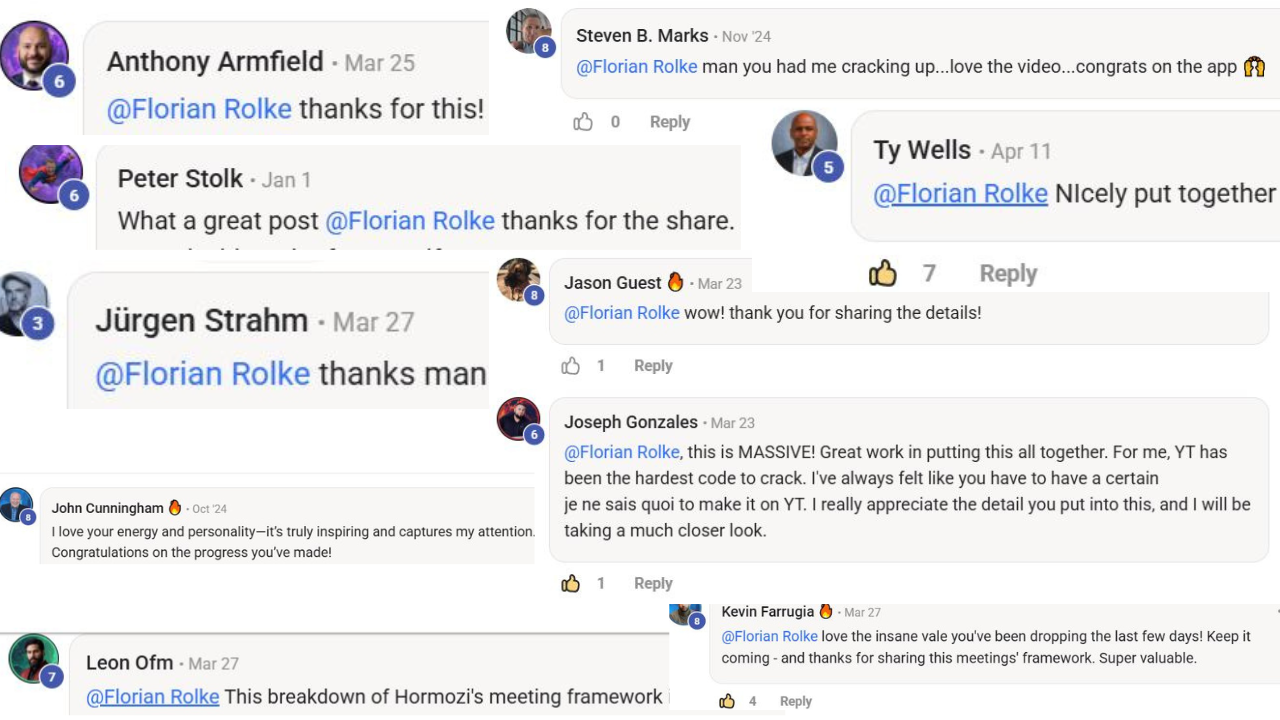Skool community feedback for Florian Rolke: Anthony Armfield, Peter Stolk, Jürgen Strahm and others