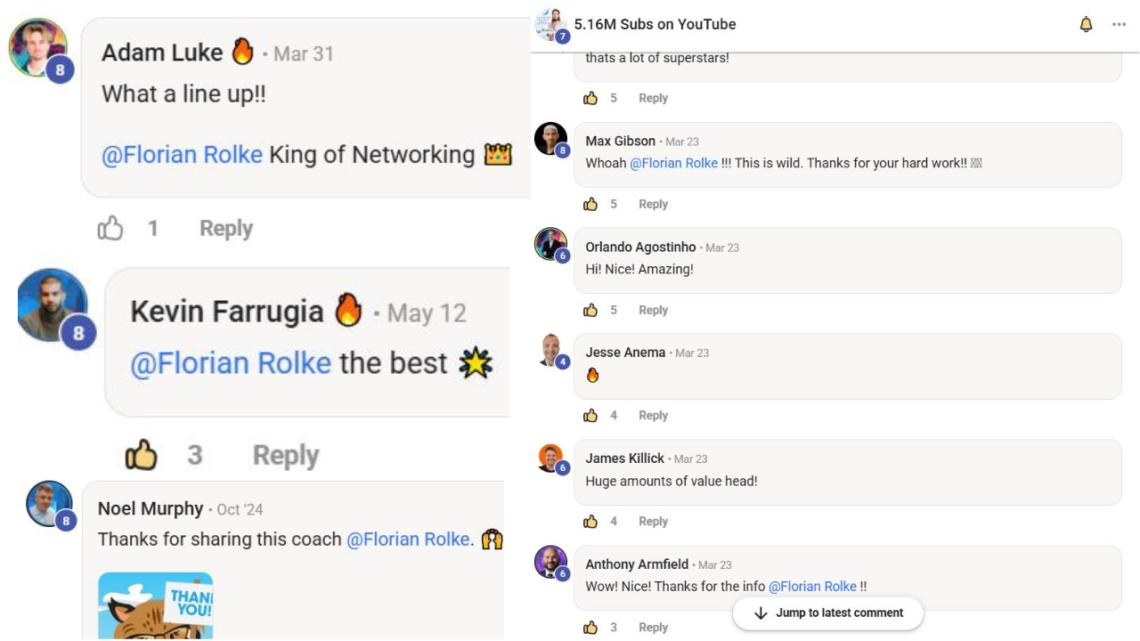 Skool community feedback for Florian Rolke: Adam Luke, Kevin Farrugia, Noel Murphy and others