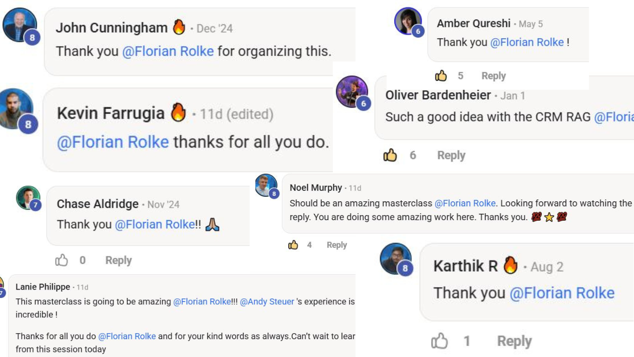 Skool community feedback for Florian Rolke: John Cunningham, Kevin Farrugia, Amber Qureshi and others