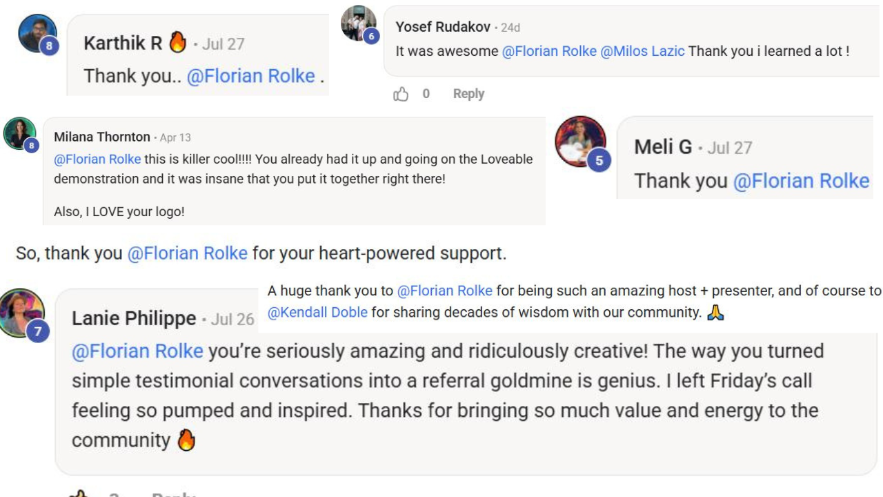 Skool community feedback for Florian Rolke: Karthik R, Yosef Rudakov, Milana Thornton and others