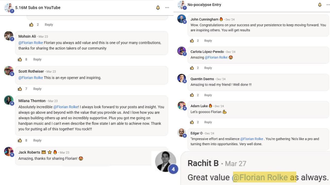 Skool community feedback for Florian Rolke: Mohsin Ali, Scott Rotheiser, Milana Thornton and others