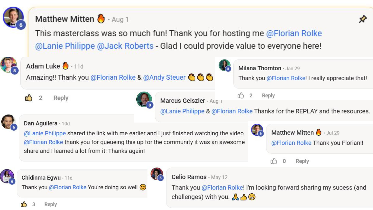 Skool community feedback for Florian Rolke: Matthew Mitten, Adam Luke, Milana Thornton and others